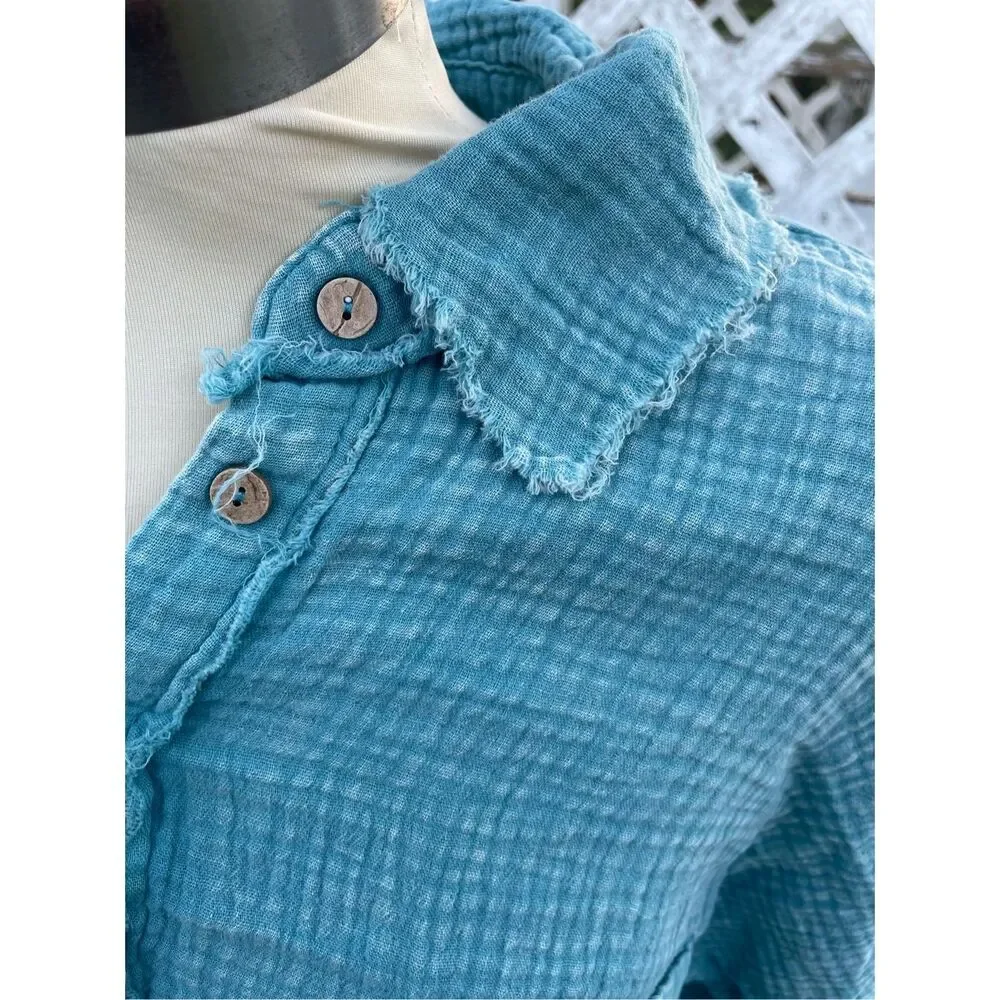 Zenana Blue Felicity Gauze Button Down Shacket Jacket Small Boutique New